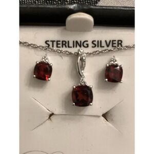 Sterling Silver Garnet Necklace‎ & Earrings Set 18" Chain CZ NIB